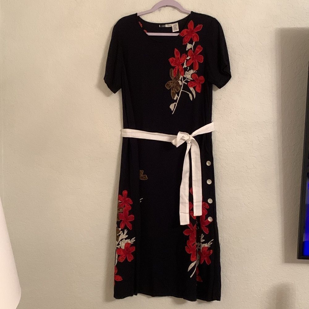 La Cera Black Printed Floral Maxi Rayon Belt Dress Size M